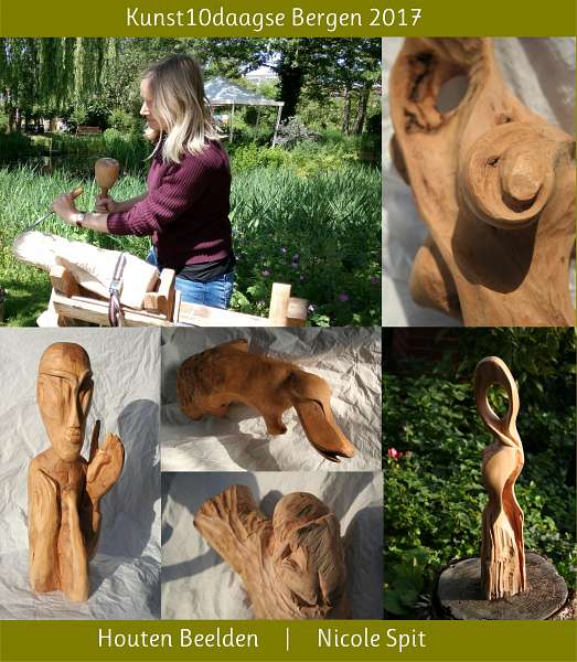 Nicole Spit Expo van houten beelden en houtbeeldhouwdemonstratie tijdens de kunst10daagse Bergen